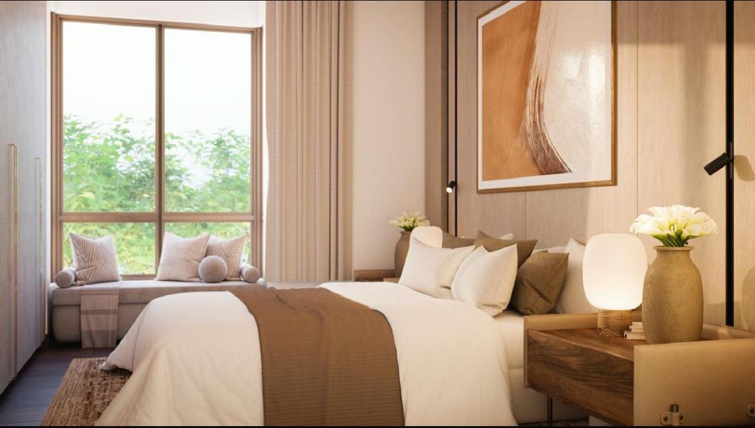 Lavender Oaks Kitisuru bedroom with window seat — interior design by Art Le Chic